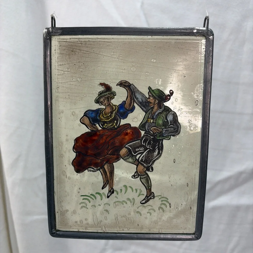 Vintage German Glass Reverse Painting Dancing Couple Metal Frame Oktoberfest